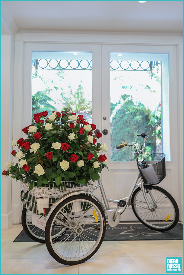 foto rose rosse e bianche - foto rose da matrimonio - foto bicicletta con rose matrimonio